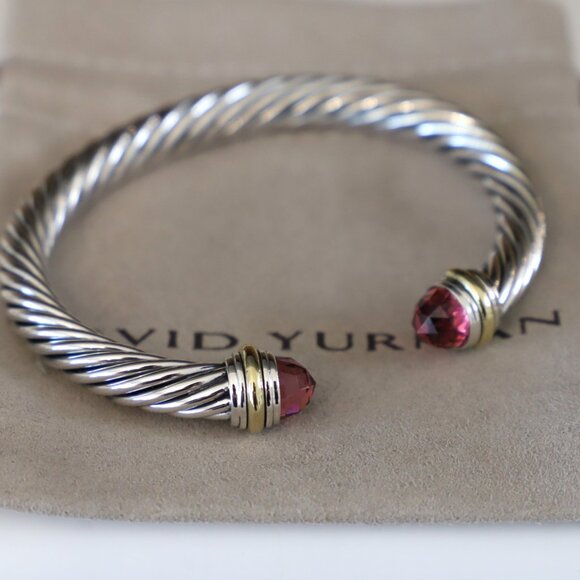 David Yurman Sterling Silver 7mm Cable Bracelet Tourmaline & 14k Gold Medium - Picture 2 of 6